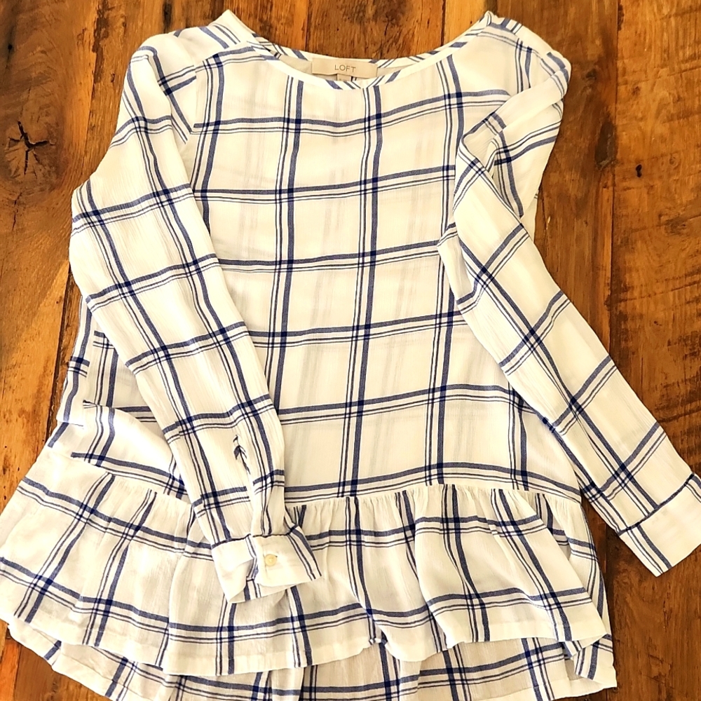 Loft lightweight windowpane blue and white blouse EUC